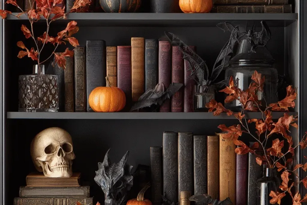 Shelf with dark books and small pumpkins.