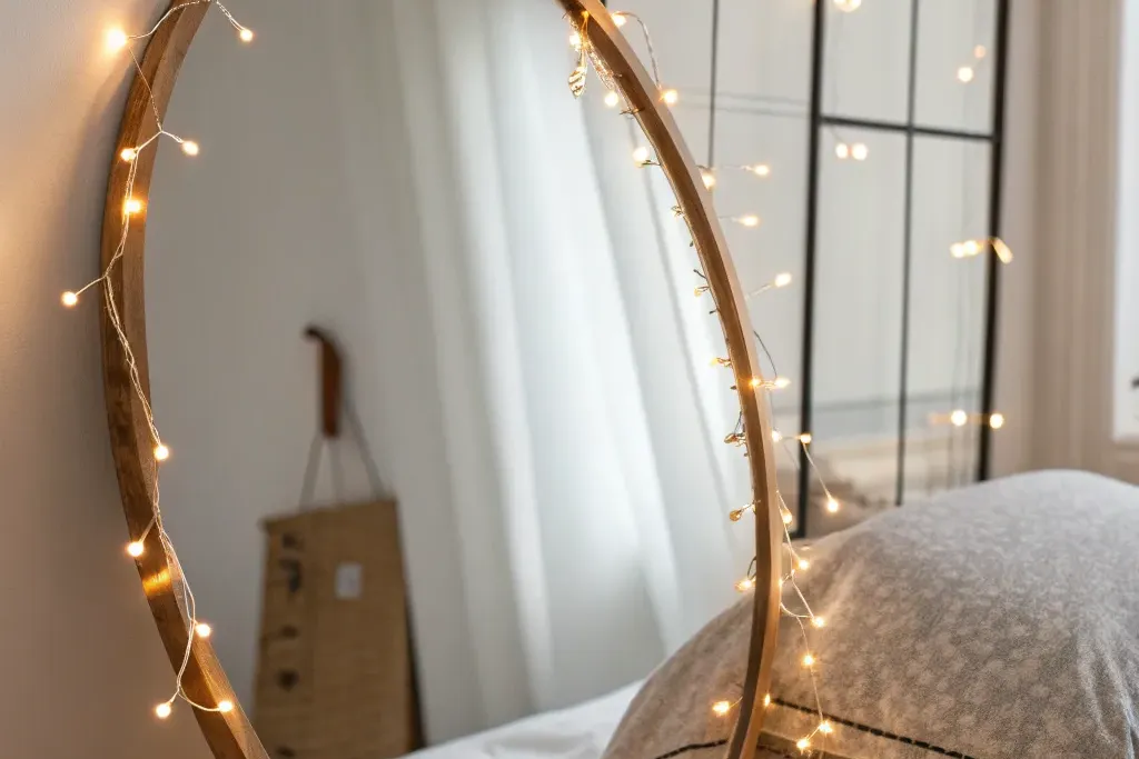 Warm string lights around a dresser mirror.