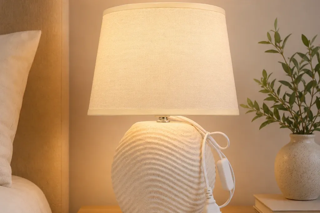 Bedside lamp with a cream shade beside a bed.