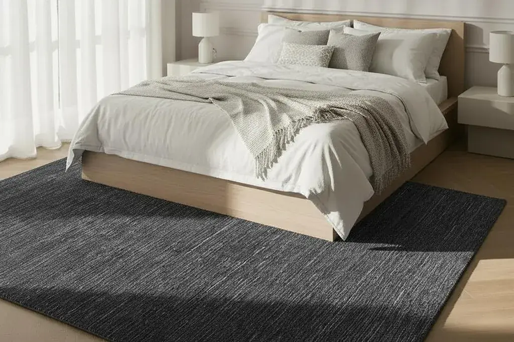 Charcoal low pile rug beside a bed on a wood floor.