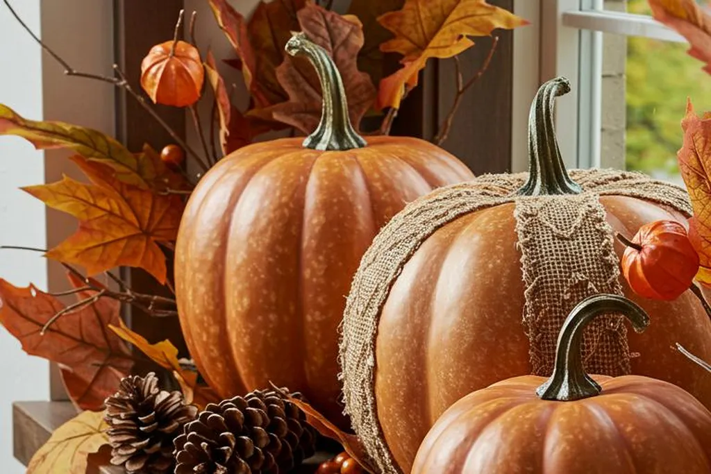 Tray with a pumpkin, pinecones, and a plant on a window ledge.