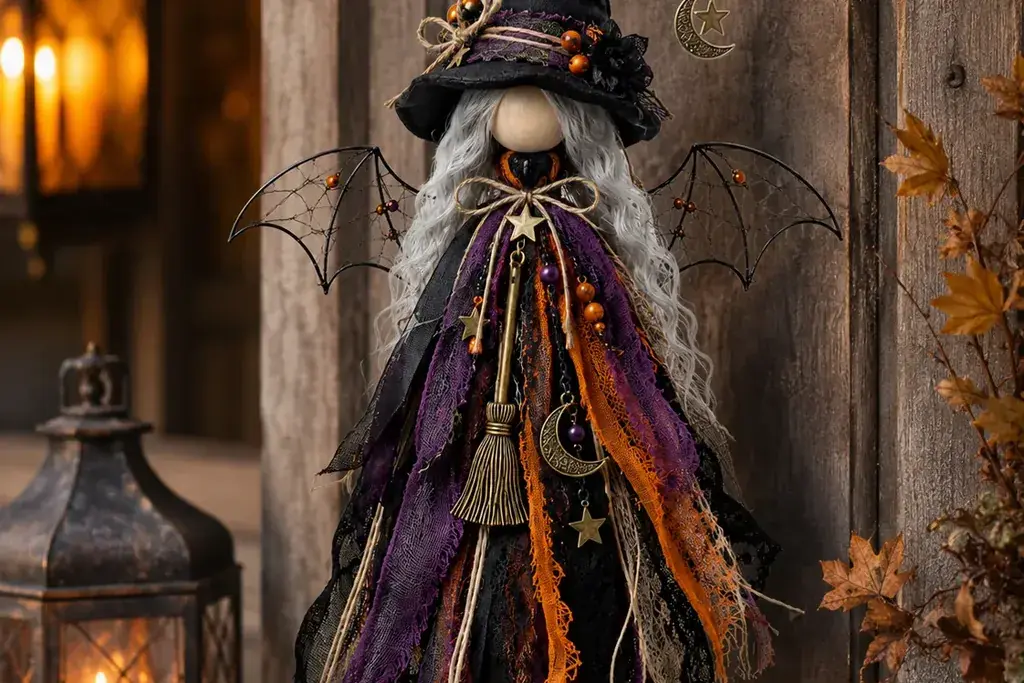 Black witch hat hanging on a wall hook by a mirror.
