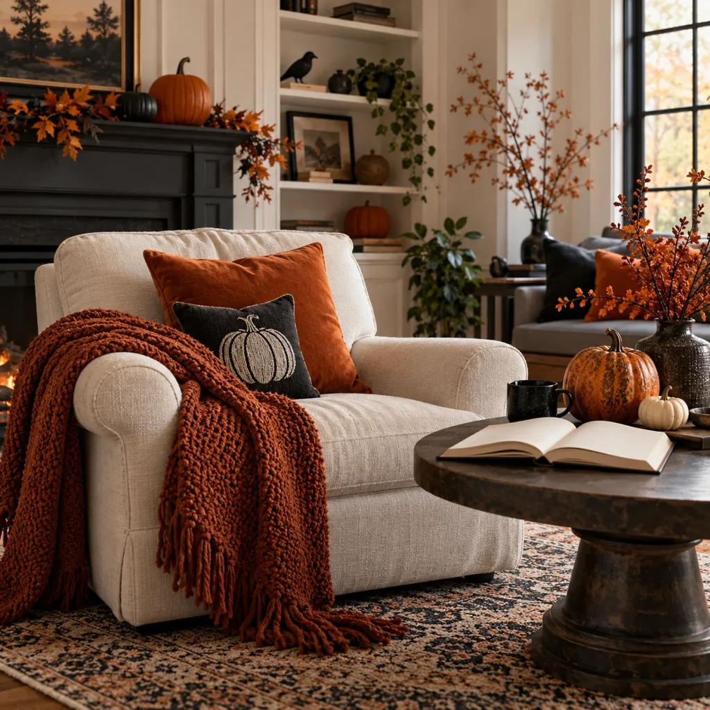 A comfortable living room reading chair with a side table and an open book.