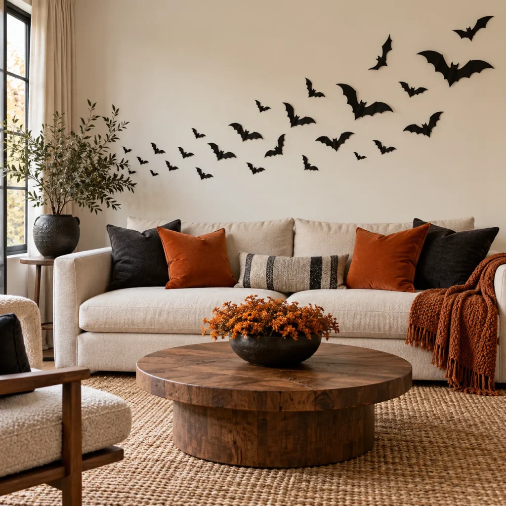 Black paper bats in a sweeping flight on cream wall above a neutral sofa.