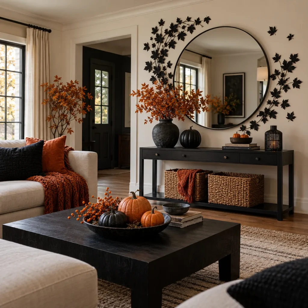 Round wall mirror surrounded by lightweight black paper leaves.