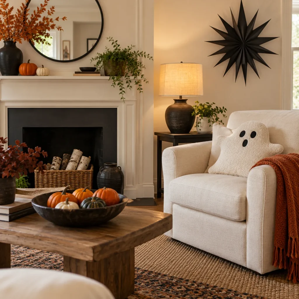 Cream chair with ghost-shaped cushion.