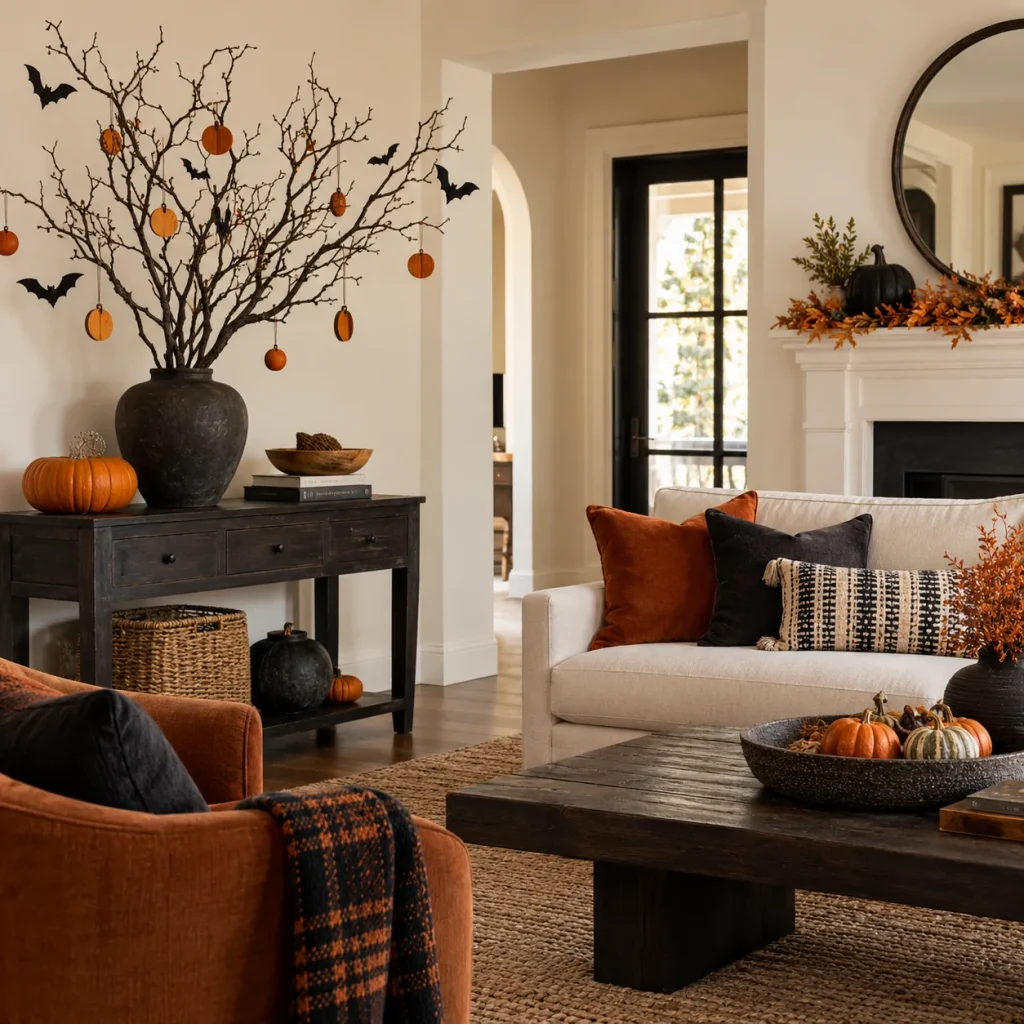 Sturdy dark decorative branch tree in stable wide pot on console.