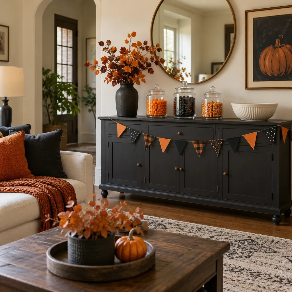 Living room sideboard with lidded treat jars.