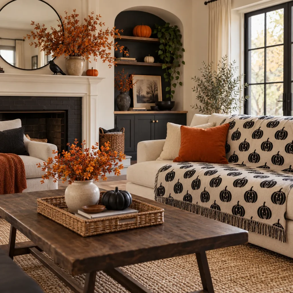 Cream sofa with black-and-cream small repeating pumpkin-pattern throw neatly spread across seat.