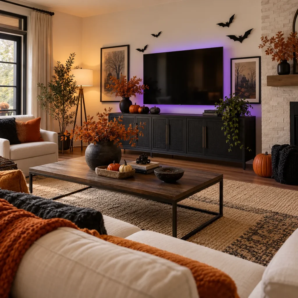 Soft subtle violet LED wall wash behind TV cabinet.