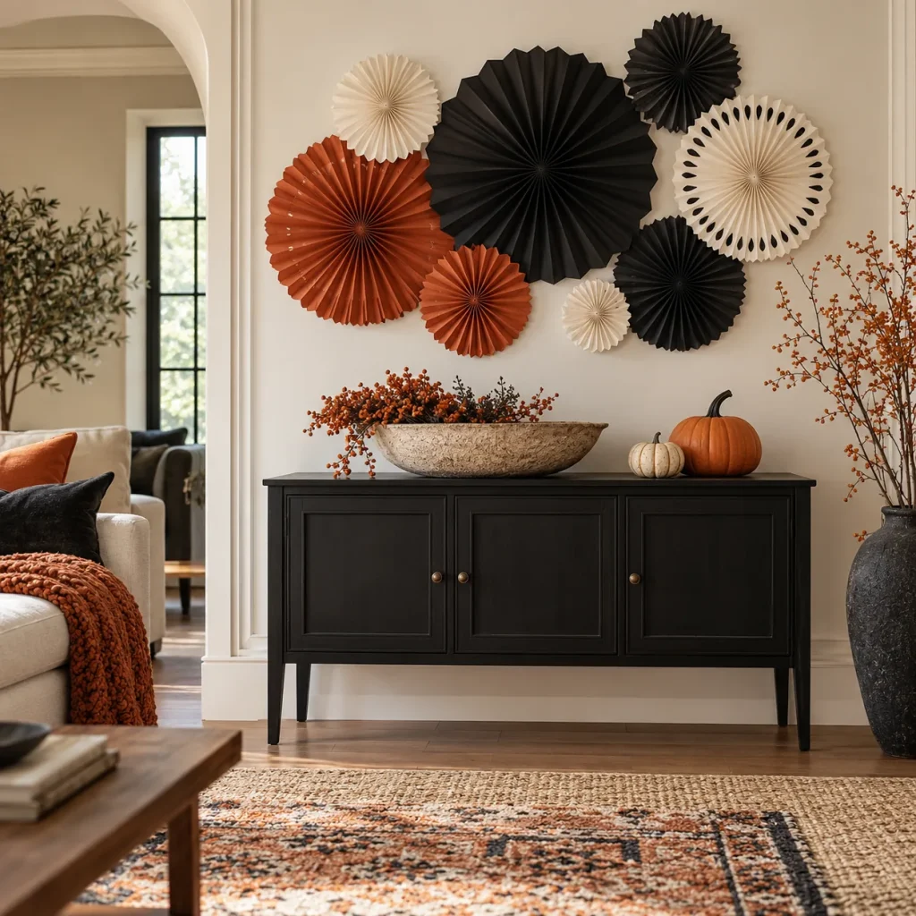 Black cream and terracotta paper accordion fans mounted above console at varied sizes.
