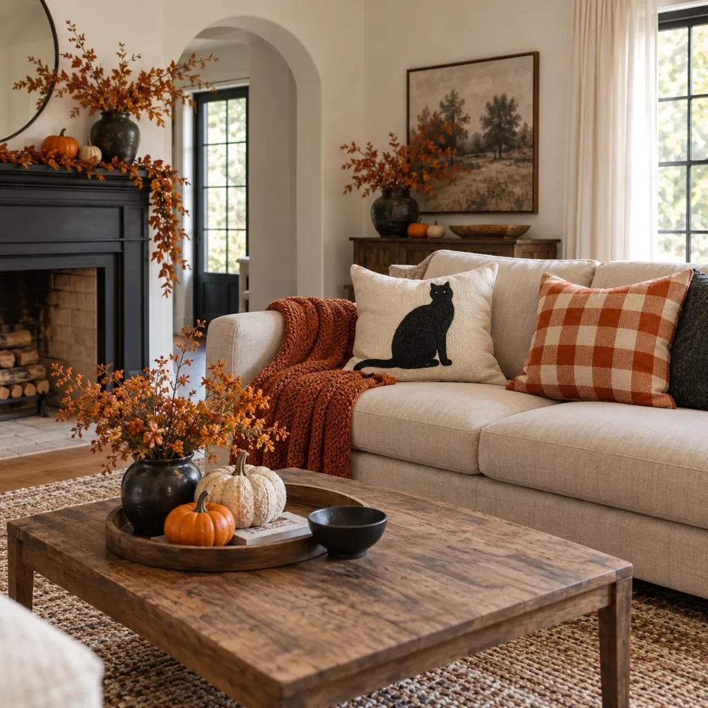 Neutral sofa with two distinctly patterned Halloween cushion covers.