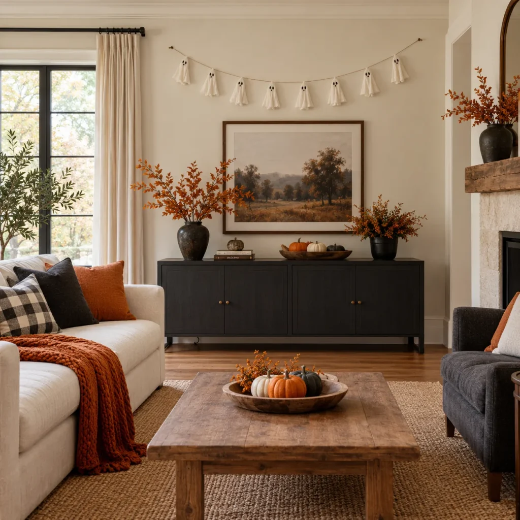 Small ivory fabric ghost garland hung high on wall above a low cabinet.