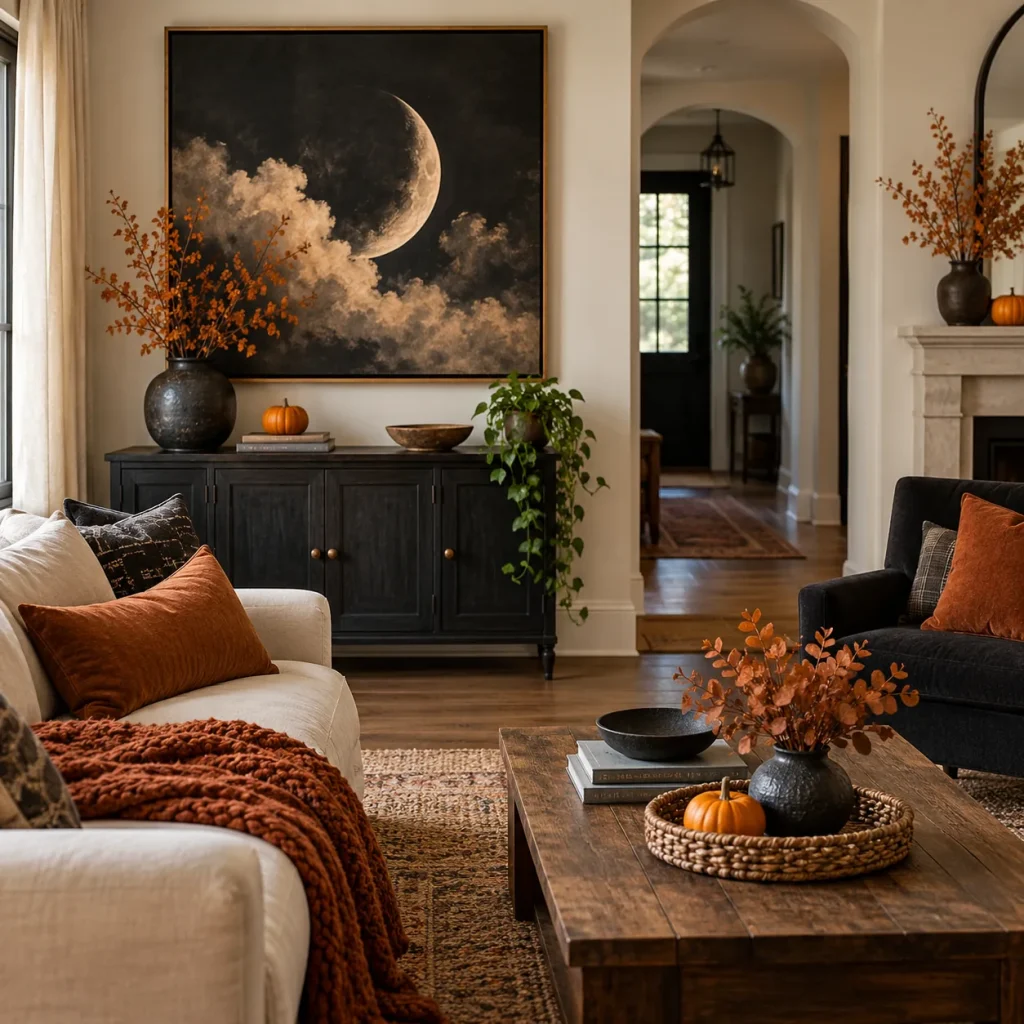 Large framed decorative art of crescent moon and clouds.