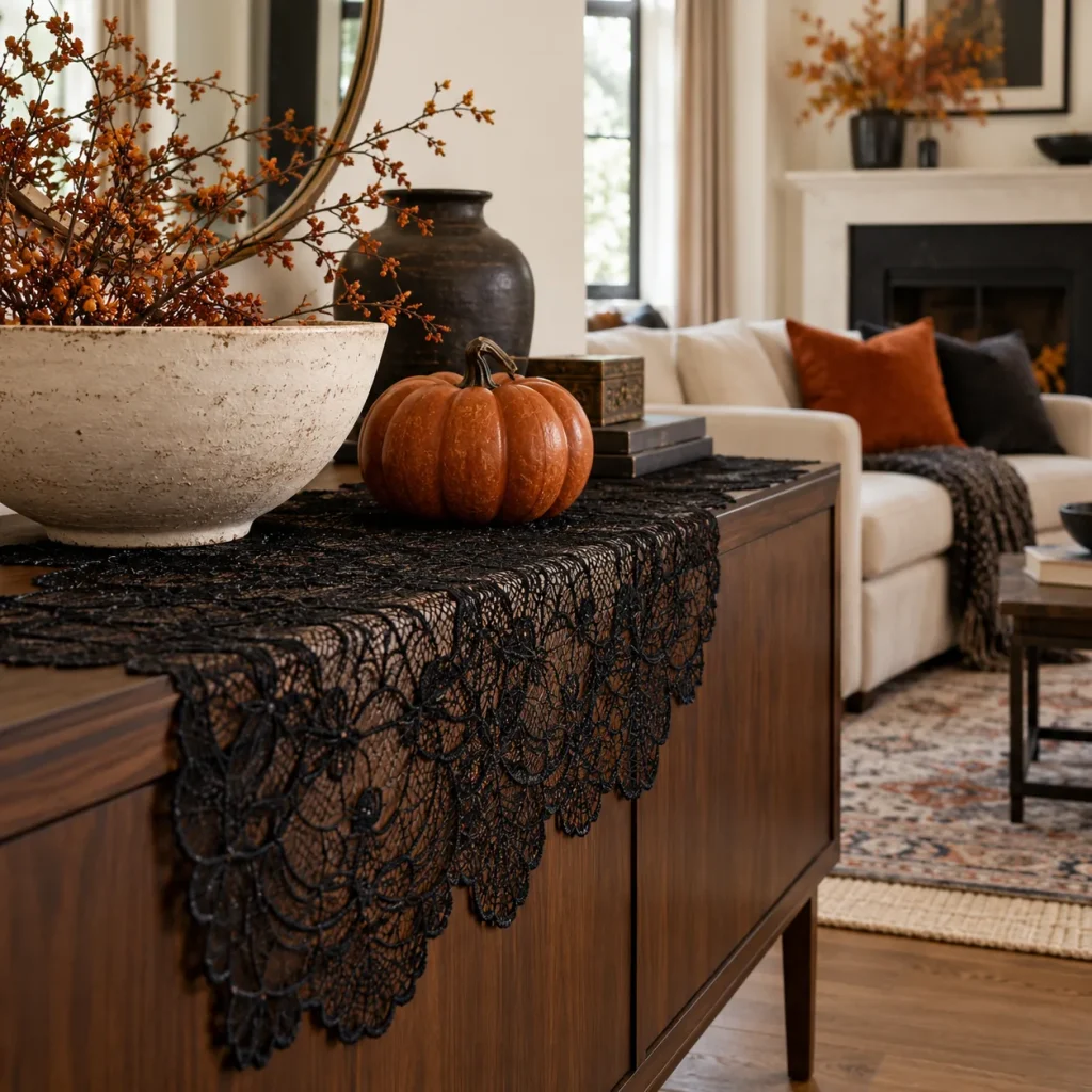 Black lace runner over walnut console.