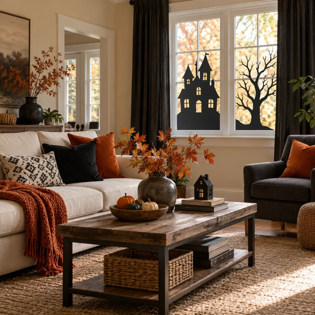 Paper silhouette of a small haunted house and bare tree on living-room window glass.