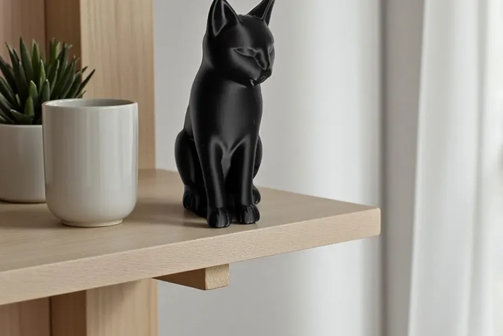 Black cat figurine sitting on a wooden shelf beside a pot and mug.