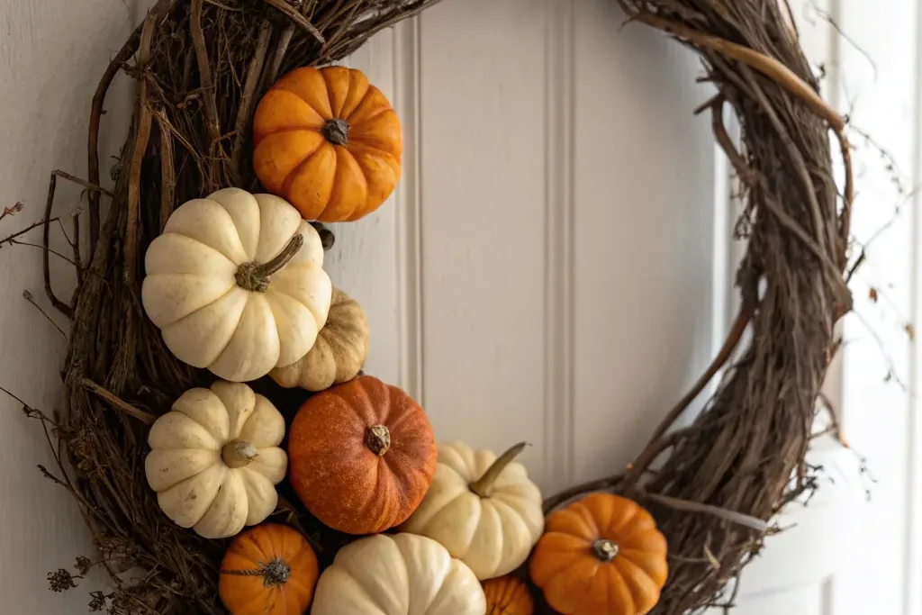 Twig wreath with small white and orange pumpkins hanging on a white door.