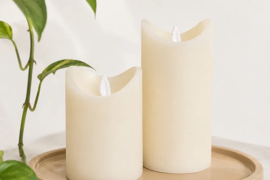Two flameless pillar candles on a tray beside a green plant.