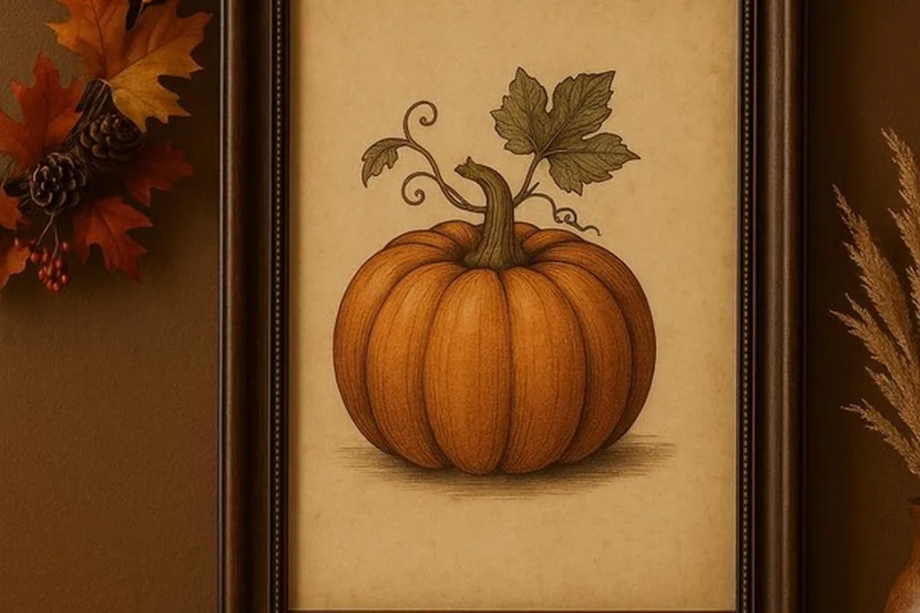 Framed print of an orange pumpkin on a wall with fall leaves.