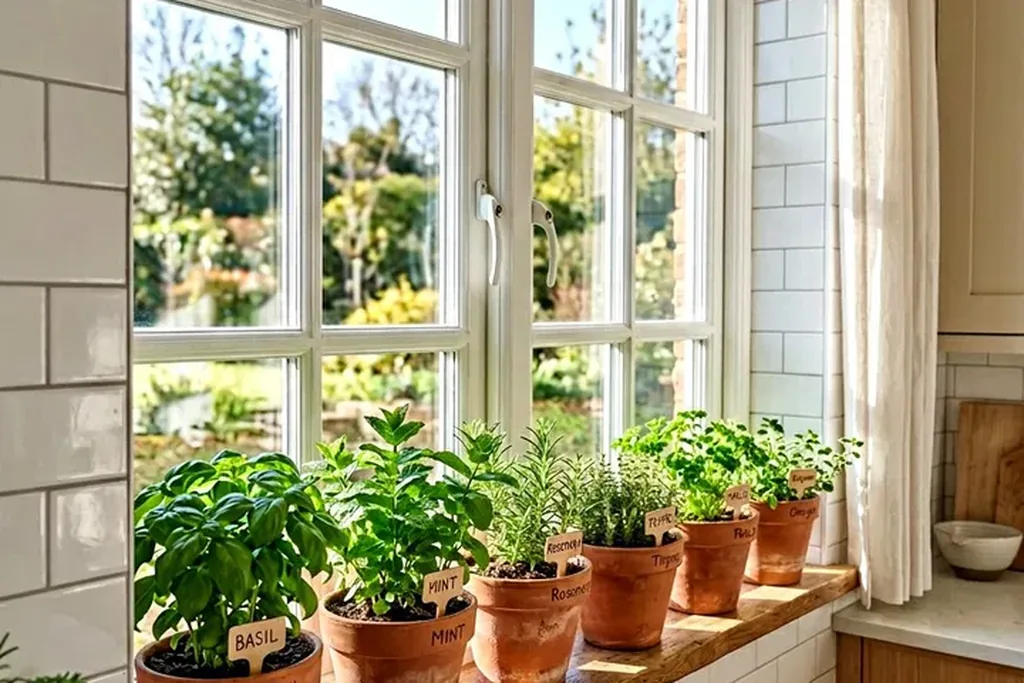 Potted herbs in terracotta pots lined along a kitchen windowsill.