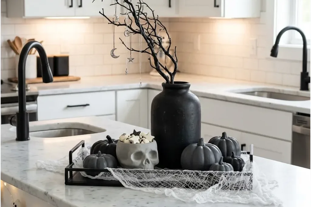 White kitchen island with a black vase, bare branches, and dark pumpkins on a tray.