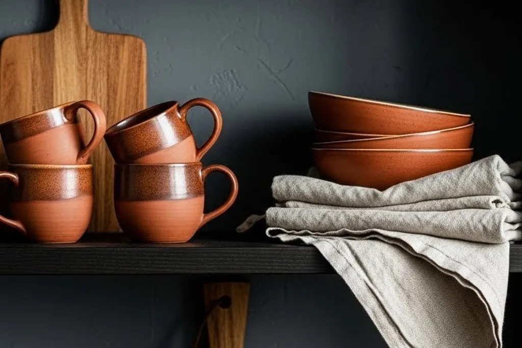 Open kitchen shelves with copper mugs, bowls, and wooden boards.