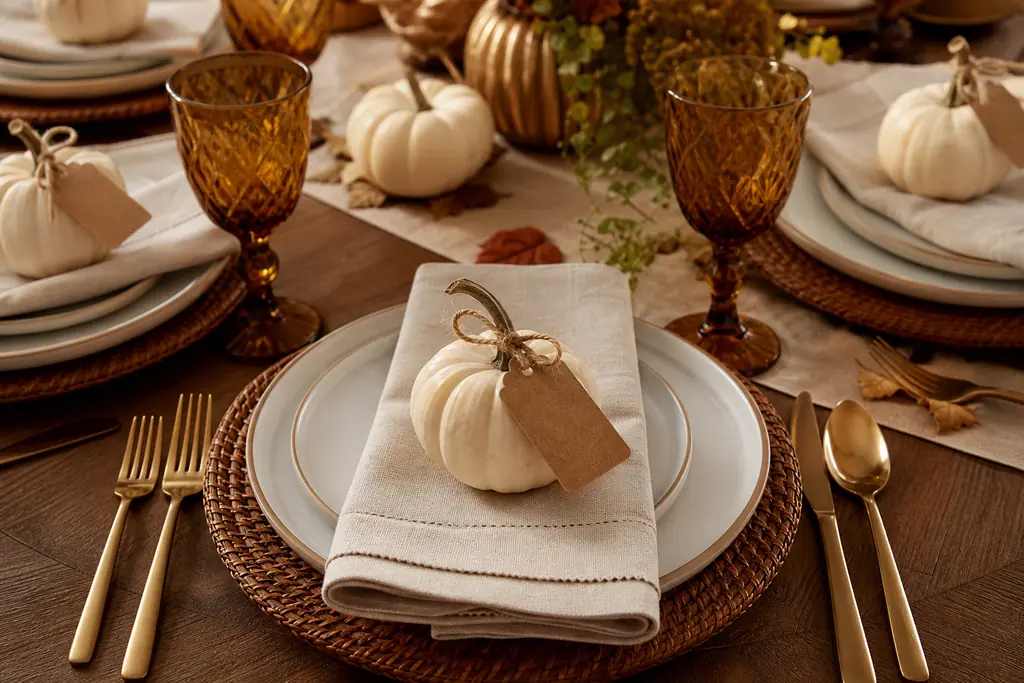 Place setting with a small white pumpkin resting on a folded napkin.