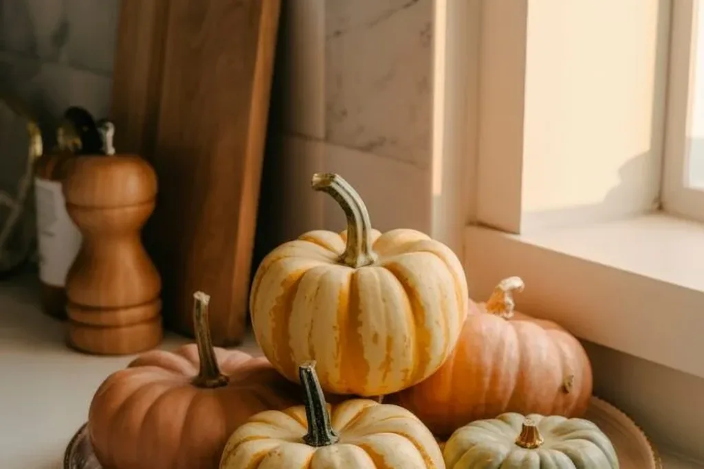 Small orange and green pumpkins grouped on a tray on a kitchen counter.