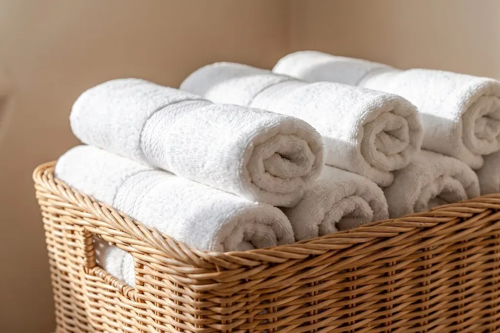 Woven basket holding rolled white towels.