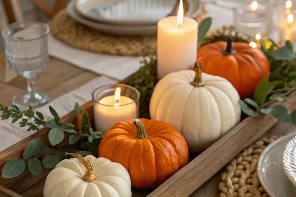 Dining table centerpiece with pumpkins and candles arranged on a wooden tray.
