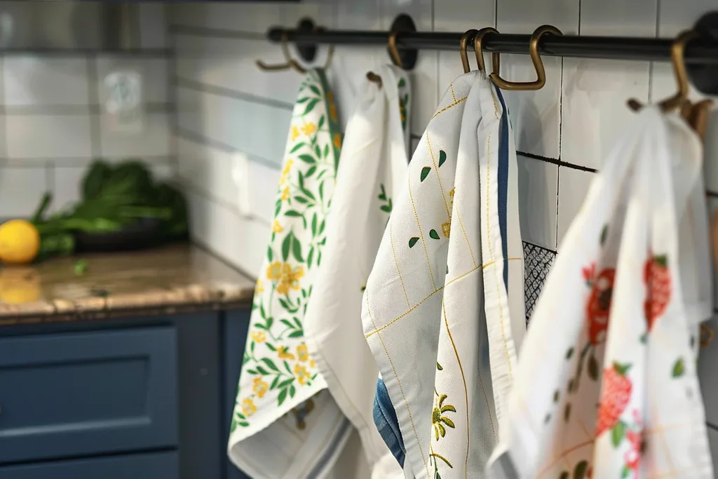 Tea towels hanging from hooks on a kitchen rail.