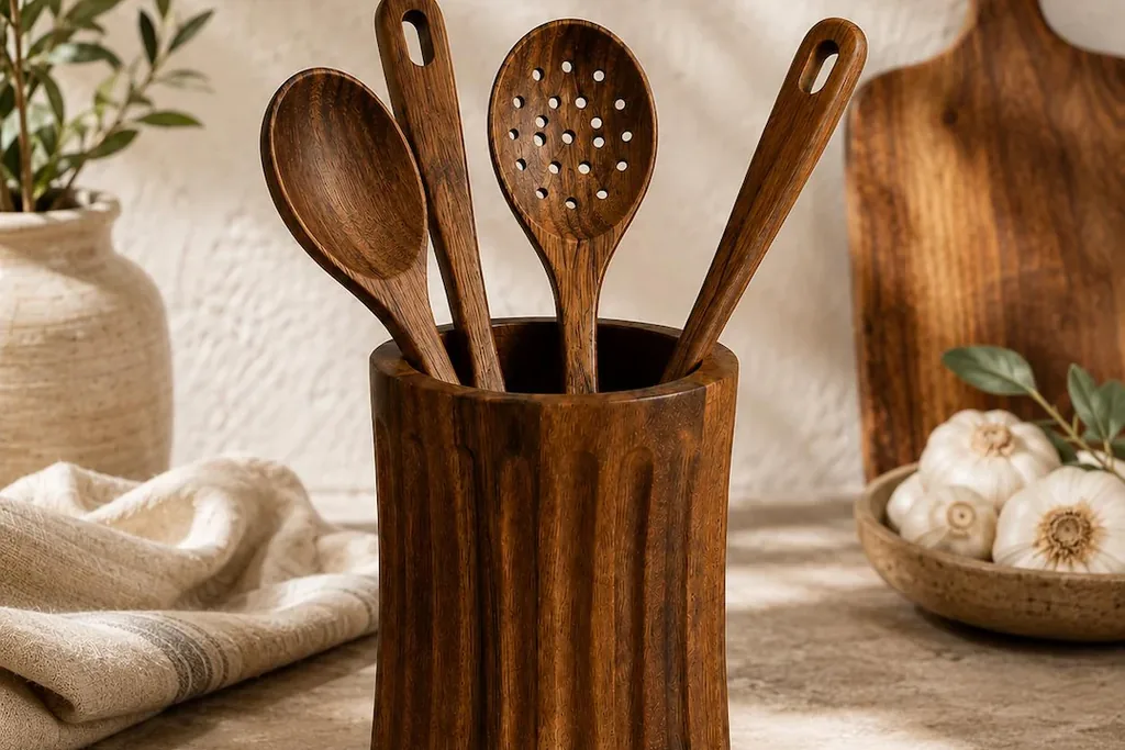 Wooden utensil holder with wooden spoons on a kitchen counter.