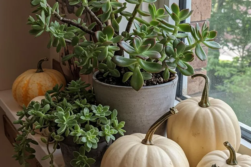 White pumpkins and potted plants arranged on a kitchen windowsill.