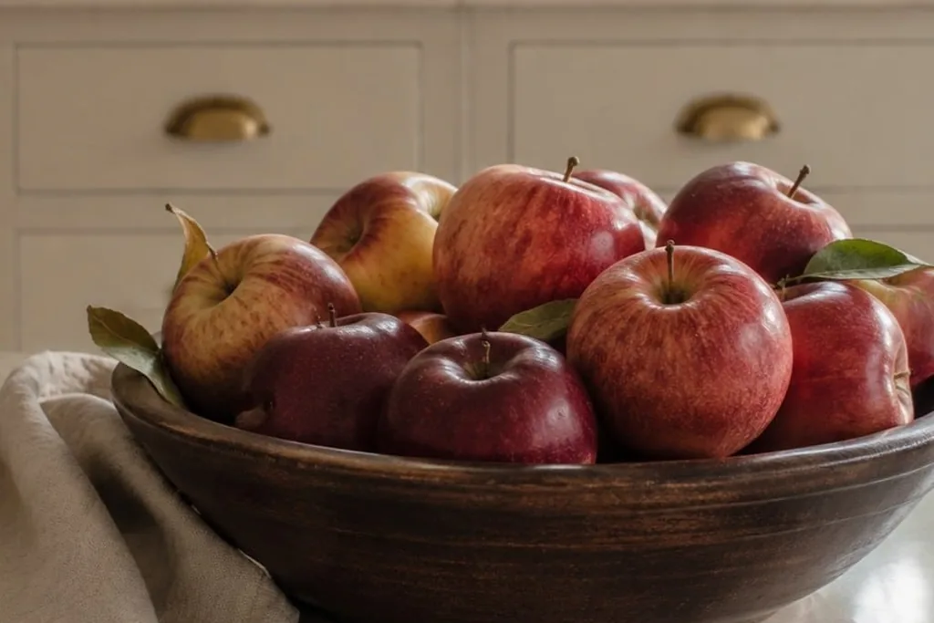 Wooden bowl filled with red apples on a kitchen counter.