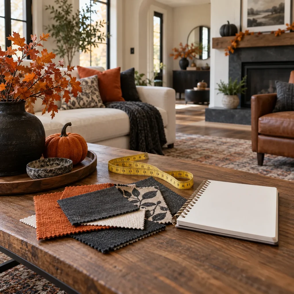 Measuring tape, fabric swatches, and a blank notebook on a coffee table.