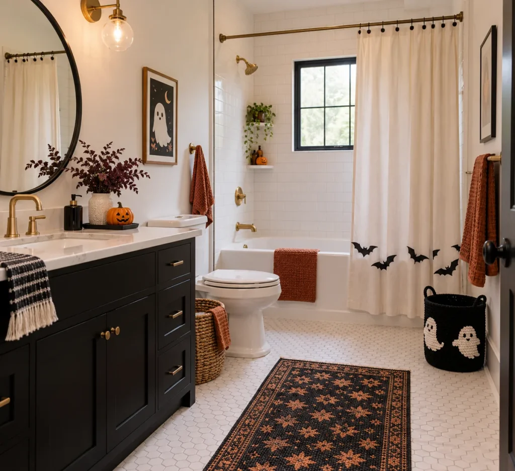 Bathroom with dark accents and playful Halloween details.