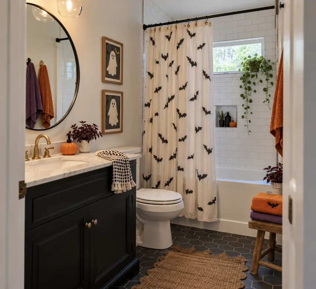 Bathroom with dark accents and playful Halloween details.