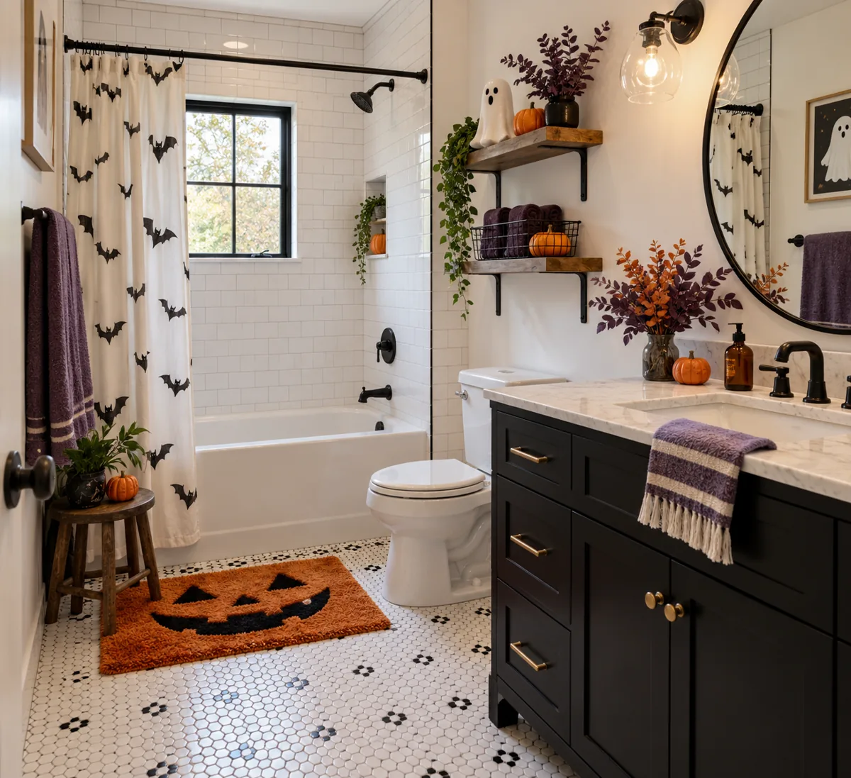 Bathroom with dark accents and playful Halloween details.