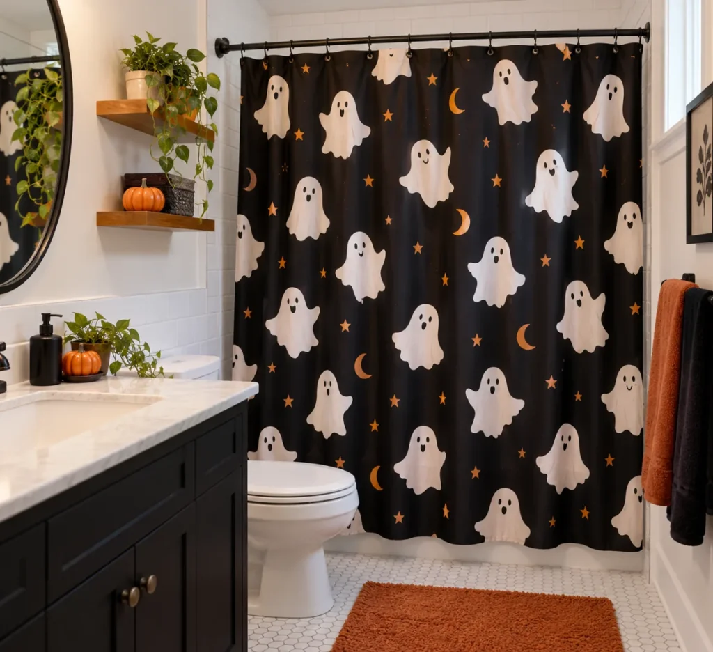 A black shower curtain printed with friendly white ghosts.