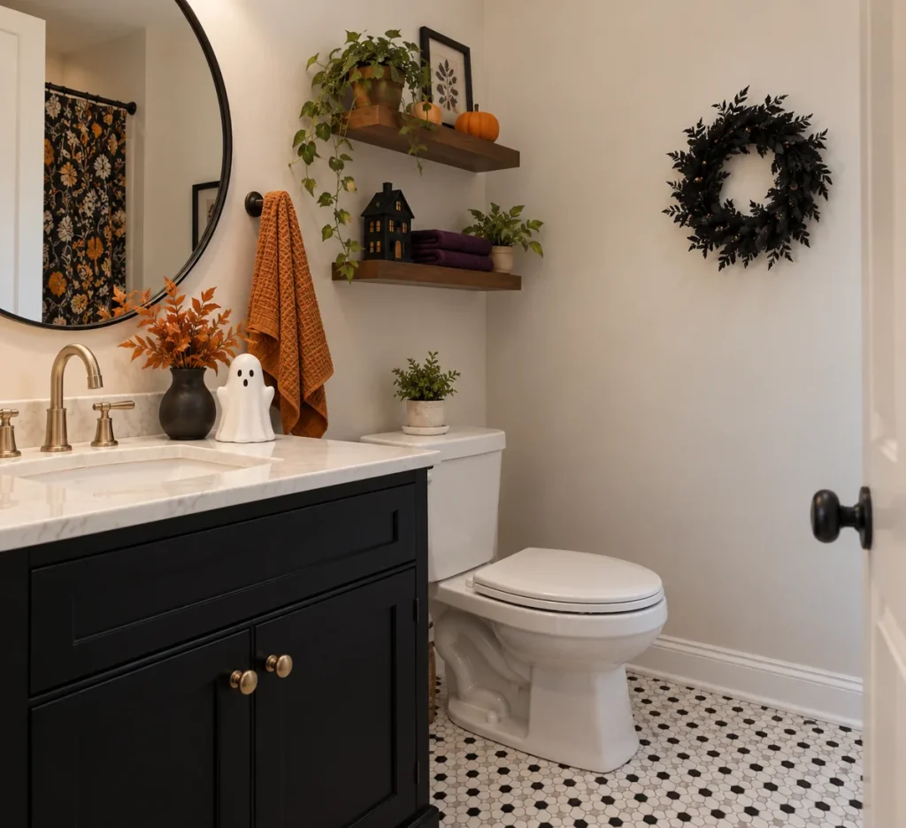 A small black wreath above a bathroom toilet.
