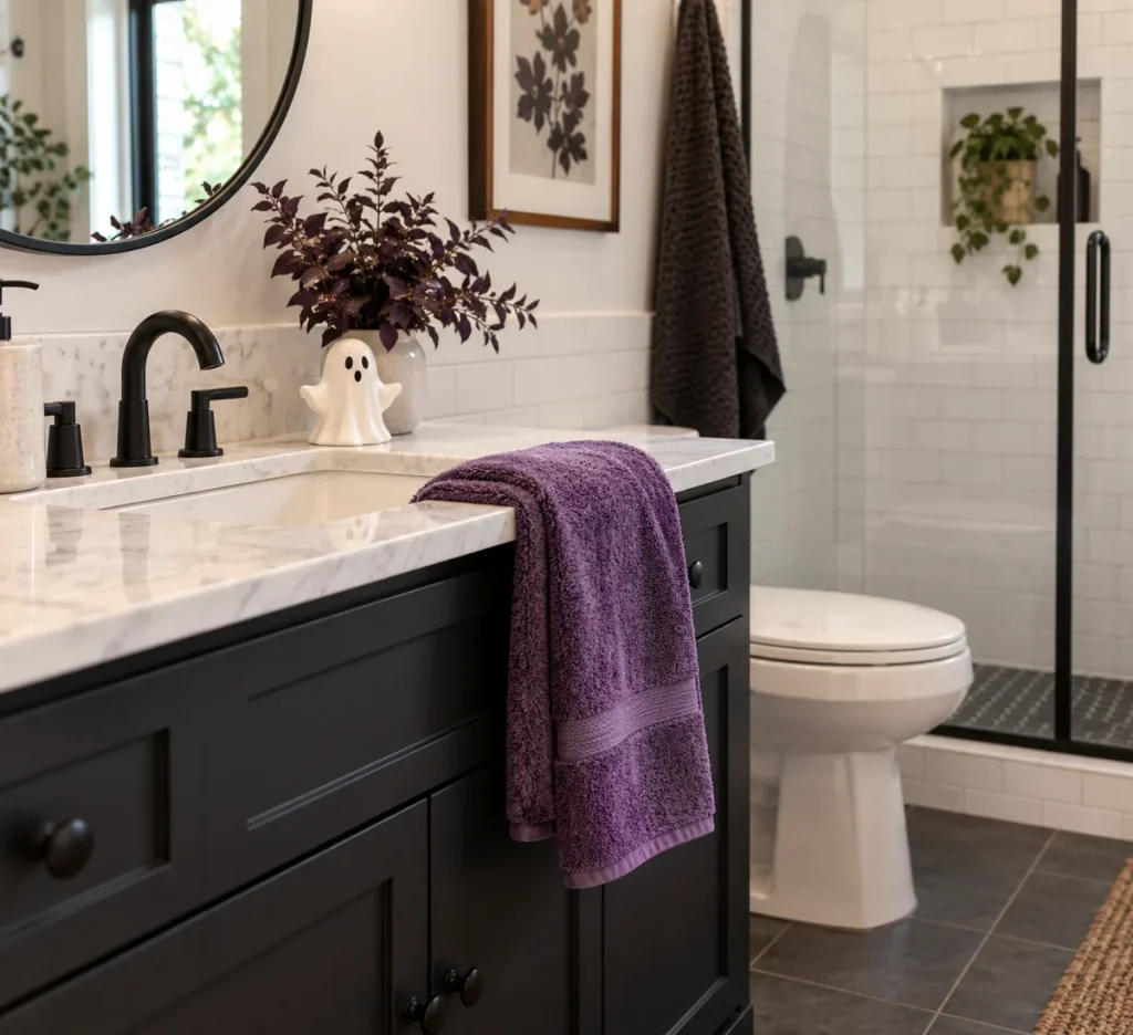 A purple hand towel beside a black bathroom vanity.