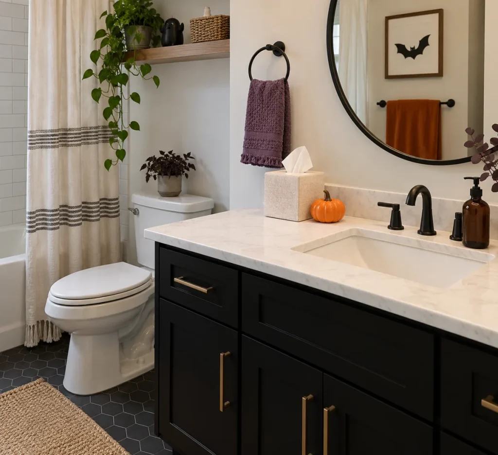 A small orange pumpkin beside a neutral bathroom tissue cover.