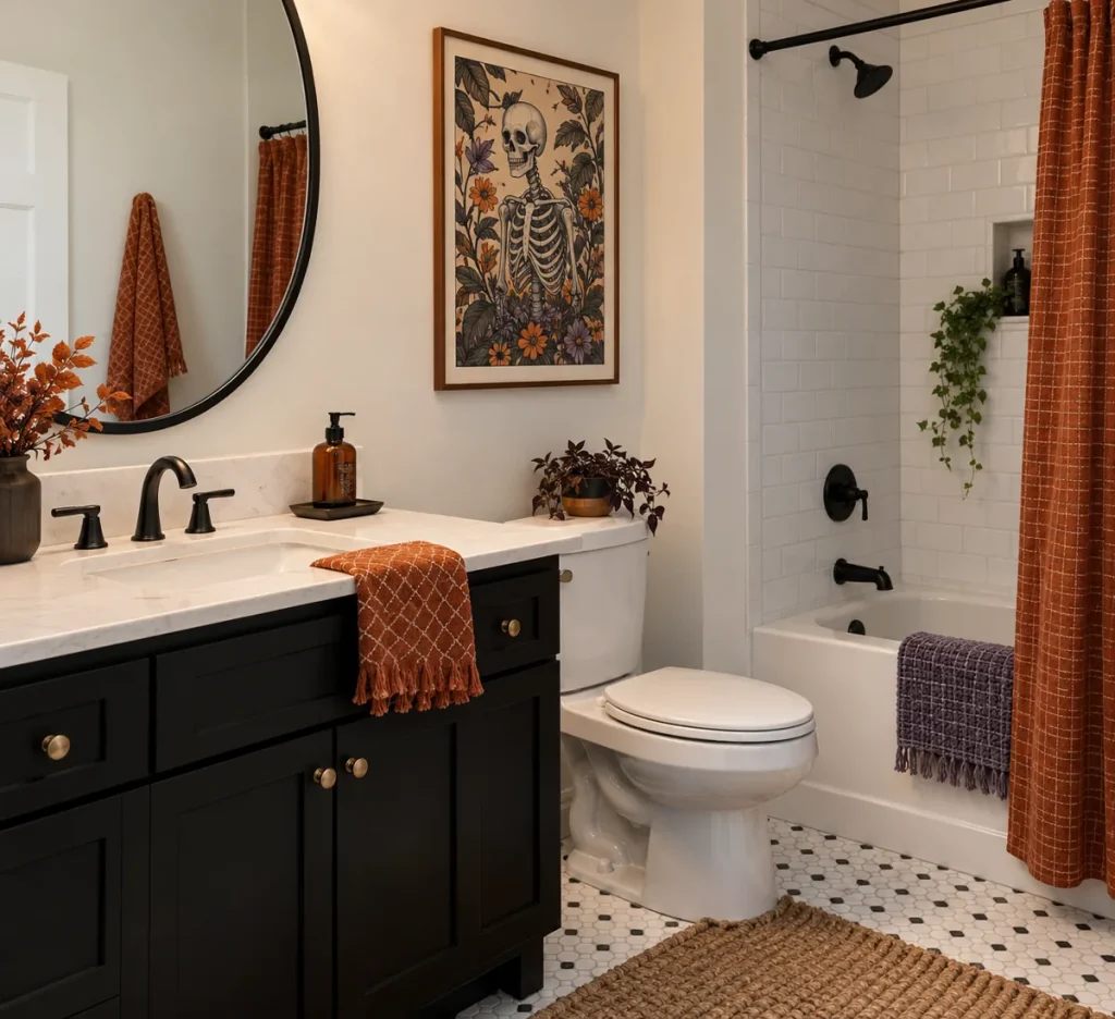 A framed dark botanical illustration in a Halloween bathroom.