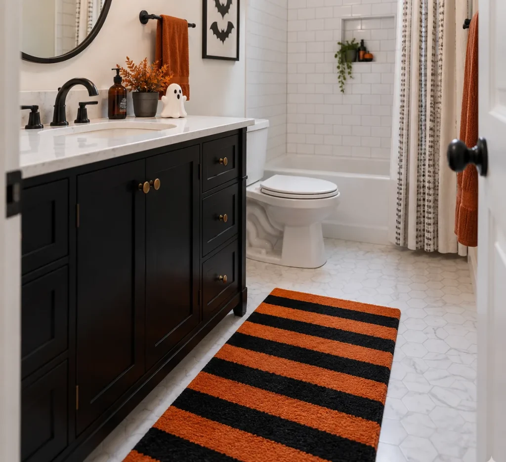 An orange-and-black striped mat in front of a bathroom vanity.
