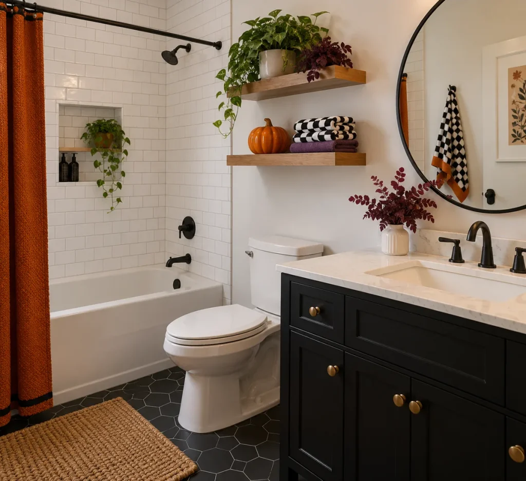 A checkered hand towel beside a small pumpkin accent.