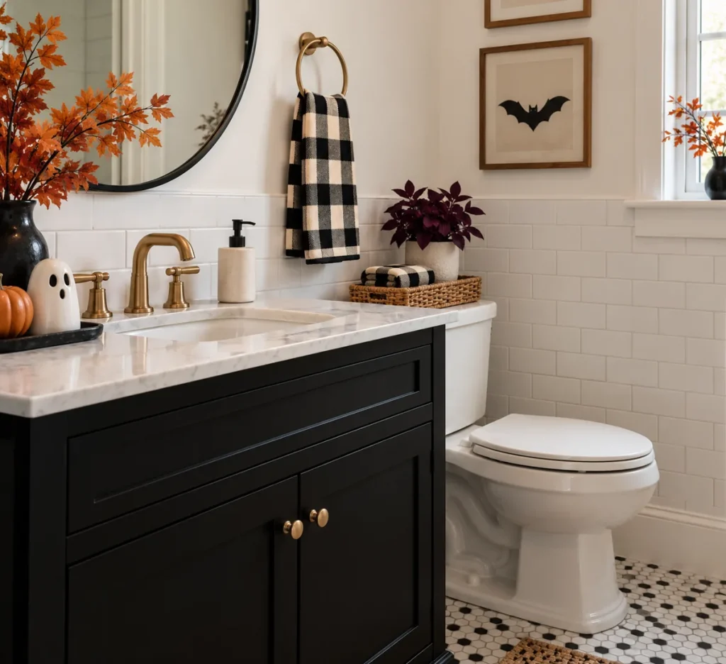 A black-and-cream checkered hand towel beside a bathroom basin.