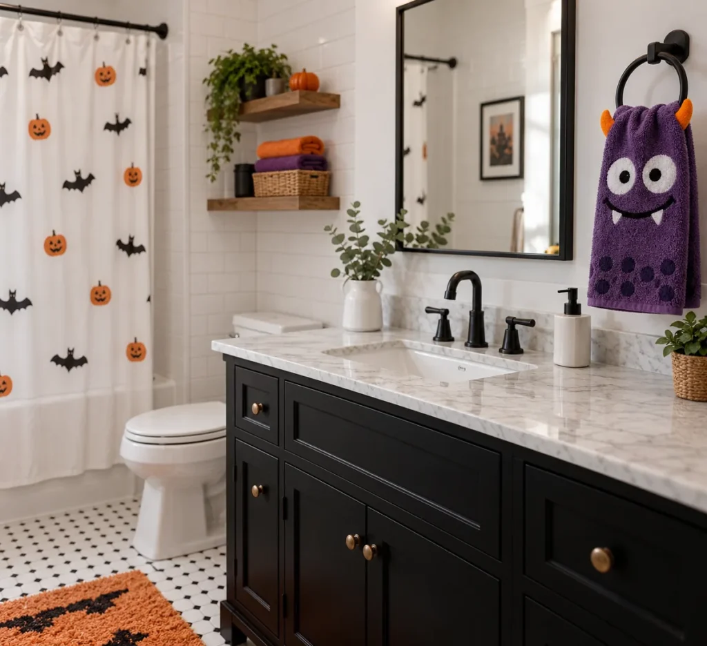 A purple friendly-monster hand towel in a Halloween bathroom.