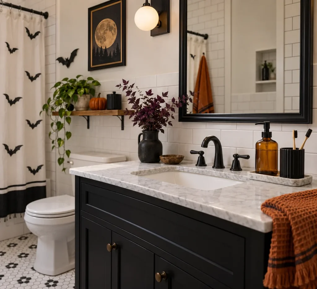 An amber dispenser and dark cup on a bathroom counter.