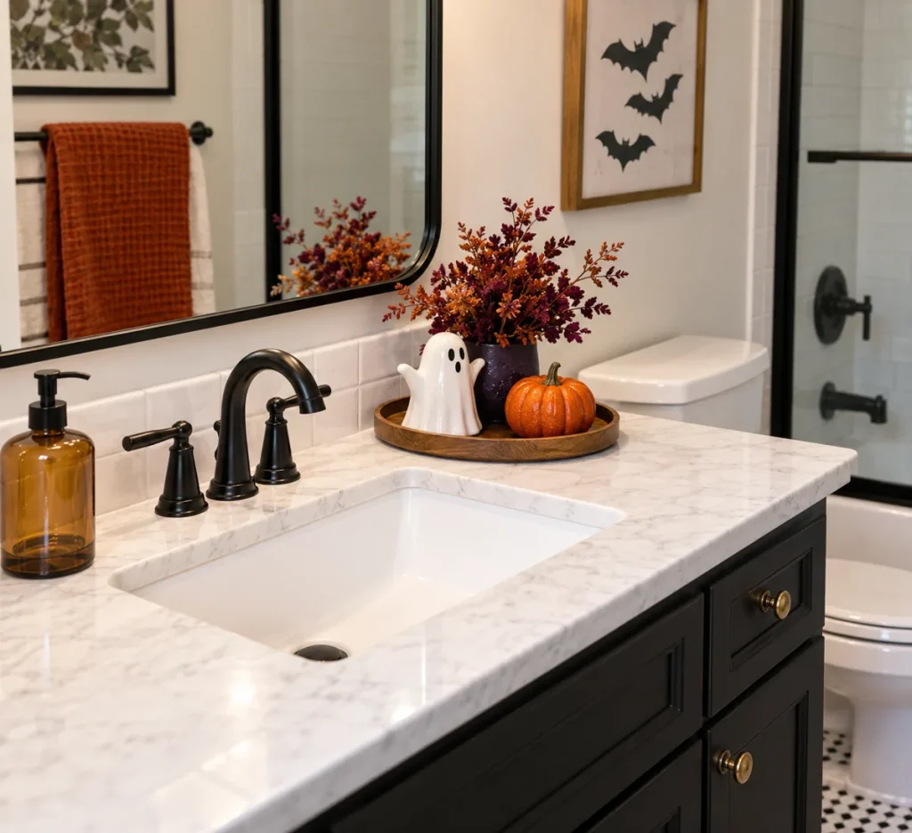 A compact Halloween display grouped on a bathroom tray.